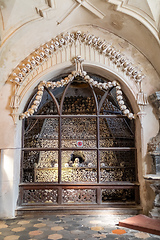 Image showing Human skulls and bones in ossuary Sedlec Kostnice