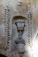 Image showing Human skulls and bones in ossuary Sedlec Kostnice