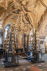 Image showing Human skulls and bones in ossuary Sedlec Kostnice