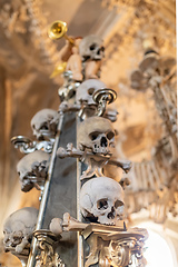 Image showing Human skulls and bones in ossuary Sedlec Kostnice