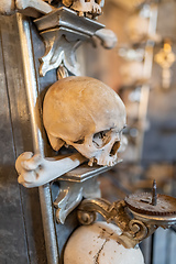 Image showing Human skulls and bones in ossuary Sedlec Kostnice