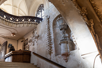 Image showing Human skulls and bones in ossuary Sedlec Kostnice