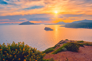 Image showing Aegean Sea with islands view on sunset