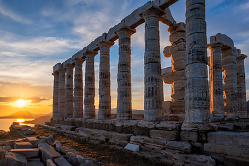 Image showing Poseidon temple ruins on Cape Sounio on sunset, Greece