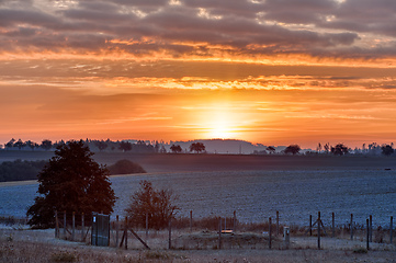 Image showing Autumn foggy and misty sunrise landscape