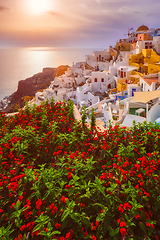 Image showing Sunset over Oia town on Santorini island in summer. Santorini, Greece