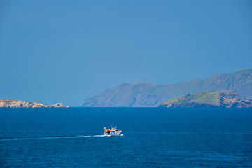 Image showing Greek fishing boat in Aegean sea near Milos island, Greece