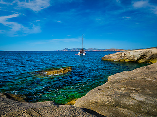 Image showing Yacht boat at Sarakiniko Beach in Aegean sea, Milos island , Greece