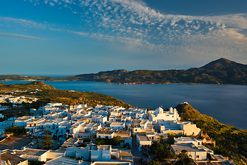 Image showing View of Plaka village on Milos island on sunset in Greece