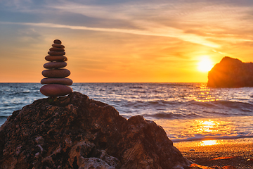 Image showing Concept of balance and harmony - stone stack on the beach