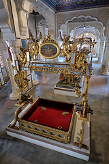 Image showing A baby crib for the Maharaja's baby exhibition in Mehrangarh fort. Jodhpur, Rajasthan, India