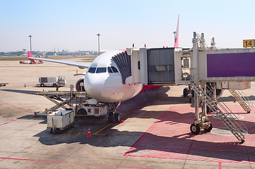 Image showing Gangway to airplane at runway