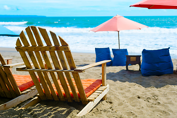 Image showing Beach chairs, tropical resort. Bali