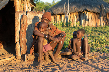 Image showing Wrinkled Himba old man and children, Namibia Africa