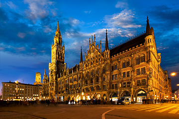 Image showing Marienplatz square at night with New Town Hall Neues Rathaus