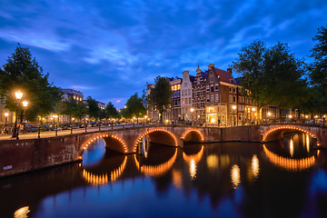 Image showing Amterdam canal, bridge and medieval houses in the evening