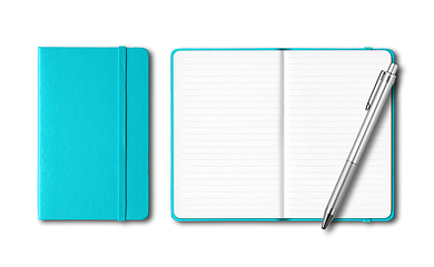 Image showing Aqua blue closed and open notebooks with a pen isolated on white