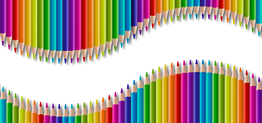 Image showing Set of color wooden pencil in wave shape. Panoramic banner backg