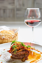 Image showing Delicious beef steak with vegetables. Shallow dof.