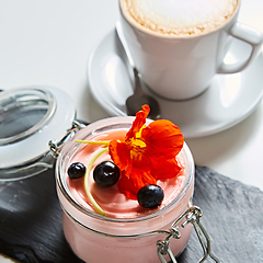 Image showing Fresh strawberry yoghurt dessert in glass, selective focus