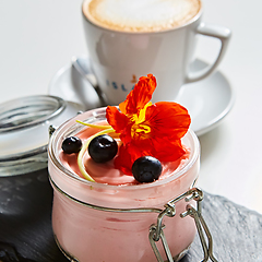 Image showing Fresh strawberry yoghurt dessert in glass, selective focus