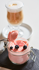 Image showing Fresh strawberry yoghurt dessert in glass, selective focus.