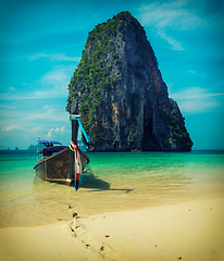 Image showing Long tail boat on beach, Thailand