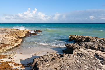 Image showing Waves breaking againt rocky coast