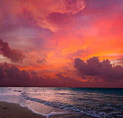 Image showing Calm ocean and beach on tropical sunrise