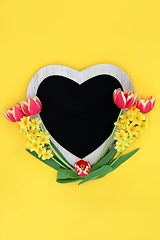 Image showing Spring Flowers and Heart Shaped Chalkboard Frame 