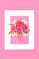 Image showing Rose and Freesia Flower Surreal Ice Cream Cone Composition