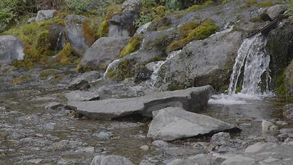 Image showing Big beautiful waterfall flows down the rocks mountains