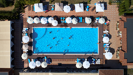 Image showing Aerial view on people in swimming pool. Top view of people sunbathing pool.