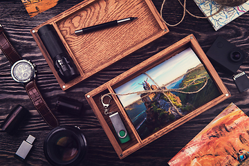 Image showing Wooden photo box with photo from travel