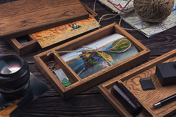 Image showing Wooden photo box with photo from travel