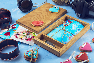 Image showing Wooden photo box with photo for Wedding Day.