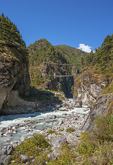 Image showing Suspension bridge on the way to Namche Bazar in Himalayas