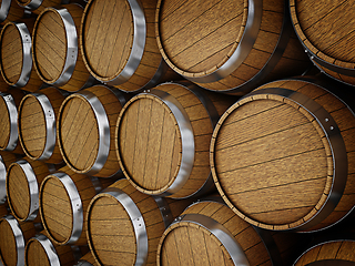 Image showing Wooden oak brandy wine beer barrels rows
