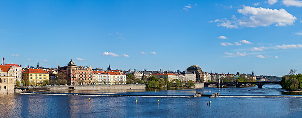 Image showing Prague Stare Mesto embankment panorama from Charles bridge