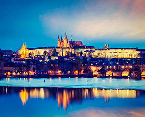 Image showing View of Charles Bridge and Prague Castle in twilight