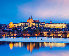 Image showing View of Charles Bridge and Prague Castle in twilight