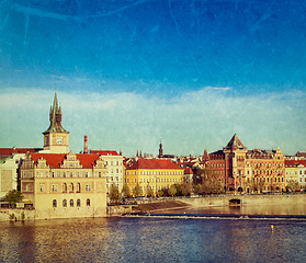 Image showing Prague Stare Mesto embankment view from Charles bridge