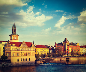 Image showing Prague Stare Mesto embankment view from Charles bridge