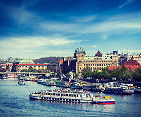 Image showing Tourist boats on Vltava river in Prague