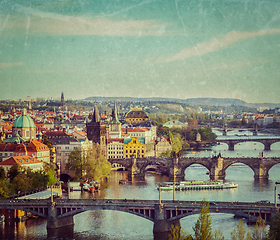 Image showing Panoramic view of Prague bridges over Vltava river