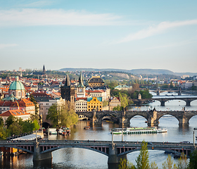 Image showing Panoramic view of Prague bridges over Vltava river