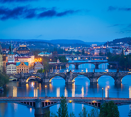 Image showing Panoramic view of Prague bridges over Vltava river
