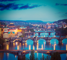 Image showing Panoramic view of Prague bridges over Vltava river