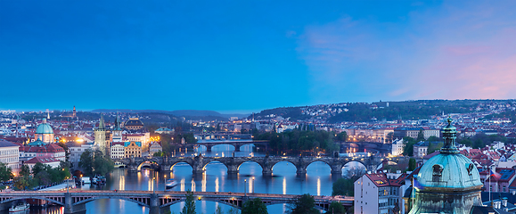 Image showing Panoramic view of Prague bridges over Vltava river