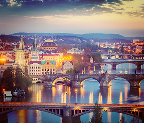 Image showing Panoramic view of Prague bridges over Vltava river